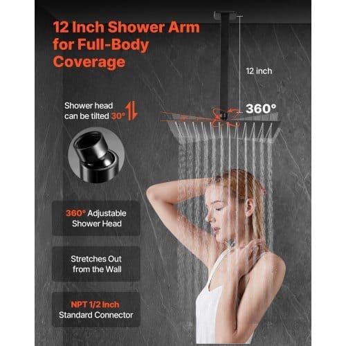 Shower Faucet Set, Rainfall Bathroom Shower System with 12-Inch Square Rain Shower Head and Handheld Spray, Ceiling Mount Bath Fixtures with Brass Valve and Trim Kit, Matte Black