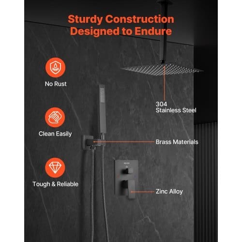 Shower Faucet Set, Rainfall Bathroom Shower System with 12-Inch Square Rain Shower Head and Handheld Spray, Ceiling Mount Bath Fixtures with Brass Valve and Trim Kit, Matte Black