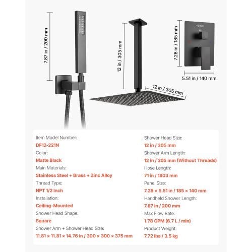 Shower Faucet Set, Rainfall Bathroom Shower System with 12-Inch Square Rain Shower Head and Handheld Spray, Ceiling Mount Bath Fixtures with Brass Valve and Trim Kit, Matte Black