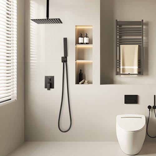 Shower Faucet Set, Rainfall Bathroom Shower System with 12-Inch Square Rain Shower Head and Handheld Spray, Ceiling Mount Bath Fixtures with Brass Valve and Trim Kit, Matte Black