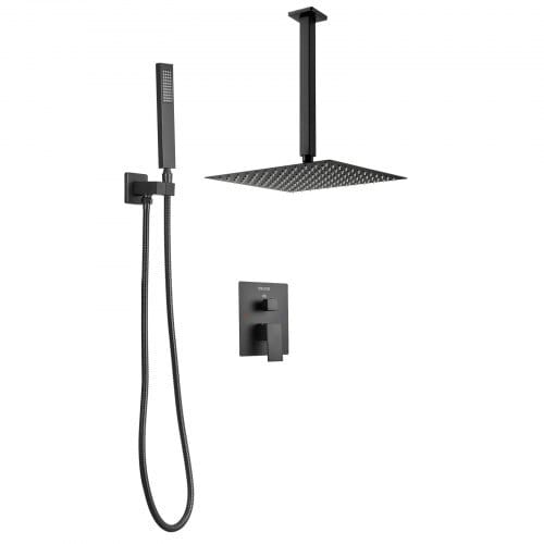 Shower Faucet Set, Rainfall Bathroom Shower System with 12-Inch Square Rain Shower Head and Handheld Spray, Ceiling Mount Bath Fixtures with Brass Valve and Trim Kit, Matte Black
