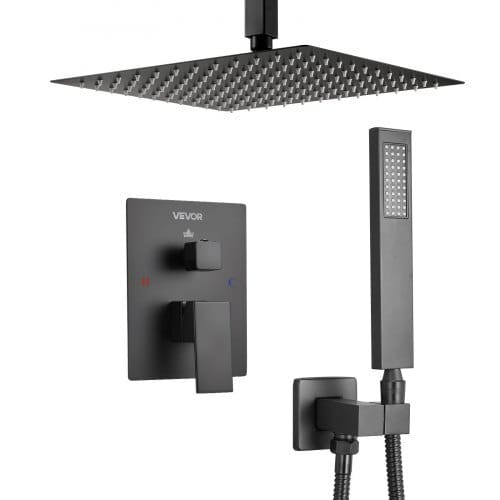 Shower Faucet Set, Rainfall Bathroom Shower System with 12-Inch Square Rain Shower Head and Handheld Spray, Ceiling Mount Bath Fixtures with Brass Valve and Trim Kit, Matte Black