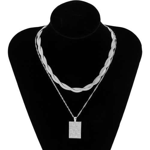 Hip Hop Style Flat Chain Weave Square Plaid Pendant Double Layers Wholesale Necklace - Silver
