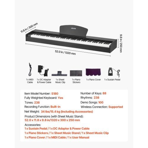 Weighted Digital Piano, 88 Keys Fully Weighted, Electric Piano Dual Keyboard & Speakers, with Sustain Pedal, Recording Function, 238 Tones, Wireless Connection, for Beginners, Without Stand