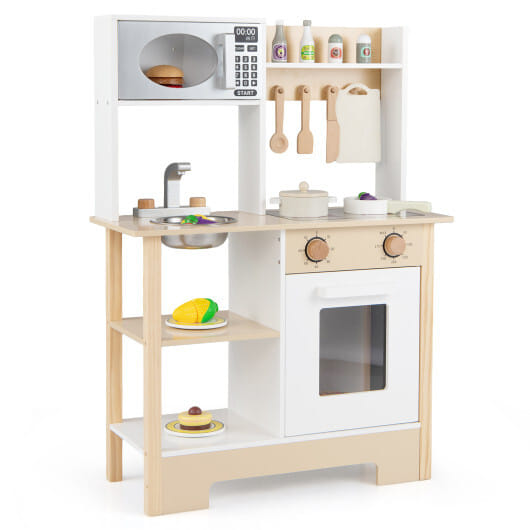 Play Kitchen Wooden Toy Kitchen Playset with Chalkboard Birthday Gift for Kids Aged 3 +-White - Color: White