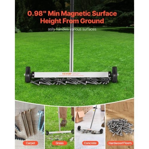 Magnetic Sweeper with Wheels, 17 inch, 10 lbs Load Capacity, Lightweight Magnetic Pickup Sweeper with Adjustable Handle, Pick Up Nails and Screws, Easy Cleanup for Garages, Roofing Projects