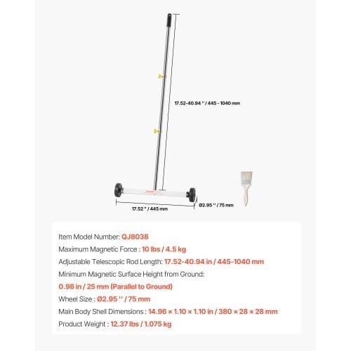 Magnetic Sweeper with Wheels, 17 inch, 10 lbs Load Capacity, Lightweight Magnetic Pickup Sweeper with Adjustable Handle, Pick Up Nails and Screws, Easy Cleanup for Garages, Roofing Projects