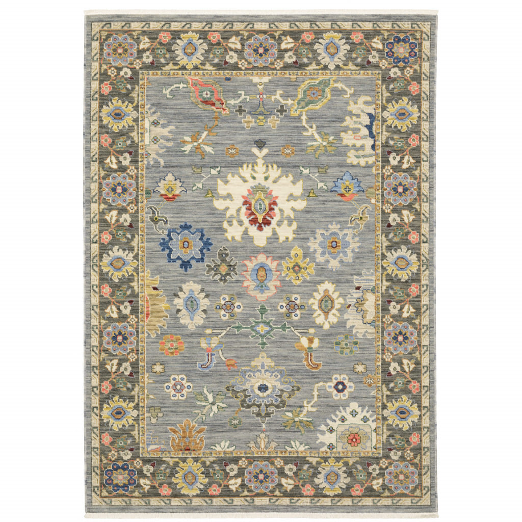 8' X 11' Blue Grey Gold Green Pink Orange Ivory And Red Oriental Power Loom Stain Resistant Area Rug With Fringe