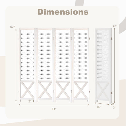 4-Panel Pegboard Room Divider 67 Inches Tall Foldable Privacy Screen - Size: 4 Panel