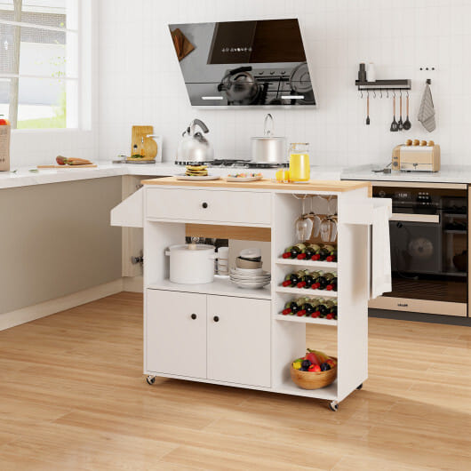 Drop Leaf Mobile Kitchen Island Cart with Power Outlet and Adjustable Shelf-White - Color: White