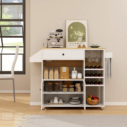 Drop Leaf Mobile Kitchen Island Cart with Power Outlet and Adjustable Shelf-White - Color: White