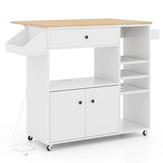 Drop Leaf Mobile Kitchen Island Cart with Power Outlet and Adjustable Shelf-White - Color: White