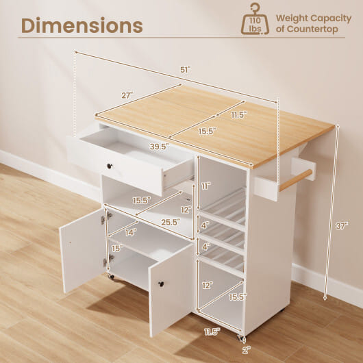 Drop Leaf Mobile Kitchen Island Cart with Power Outlet and Adjustable Shelf-White - Color: White