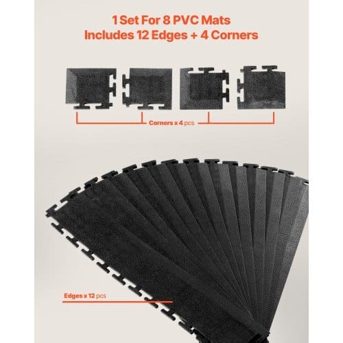 Male Garage Floors Transition Edge Kit, 12 Edges and 4 Corners, Sturdy PVC Interlocking Modular Garage Floor Edging Slip-resistant, Compatible Only with 4-Sided Interlocking Mats, Black