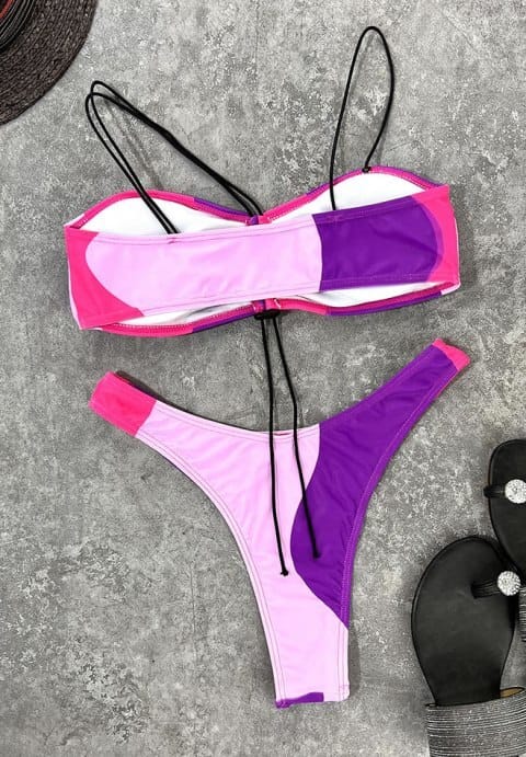 Colorblock Drawstring High Cut Bikini Swimsuit
