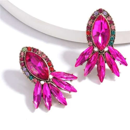 Geometric Rhinestone Floral Design Women Costume Earrings - Rose