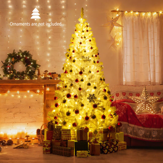 7 Feet Artificial Christmas Tree Hinged Pre-Lit Xmas Tree with 11 Lighting Modes - Color: White - Size: 7 ft