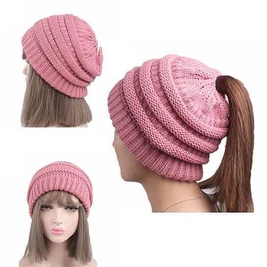 Color: A-BEIGE - Pony Beanie Super Cute Cable Knit Hat