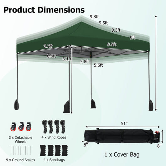 9.5 x 9.5 Feet Pop up Canopy Tent with Adjustable Heights-Green
