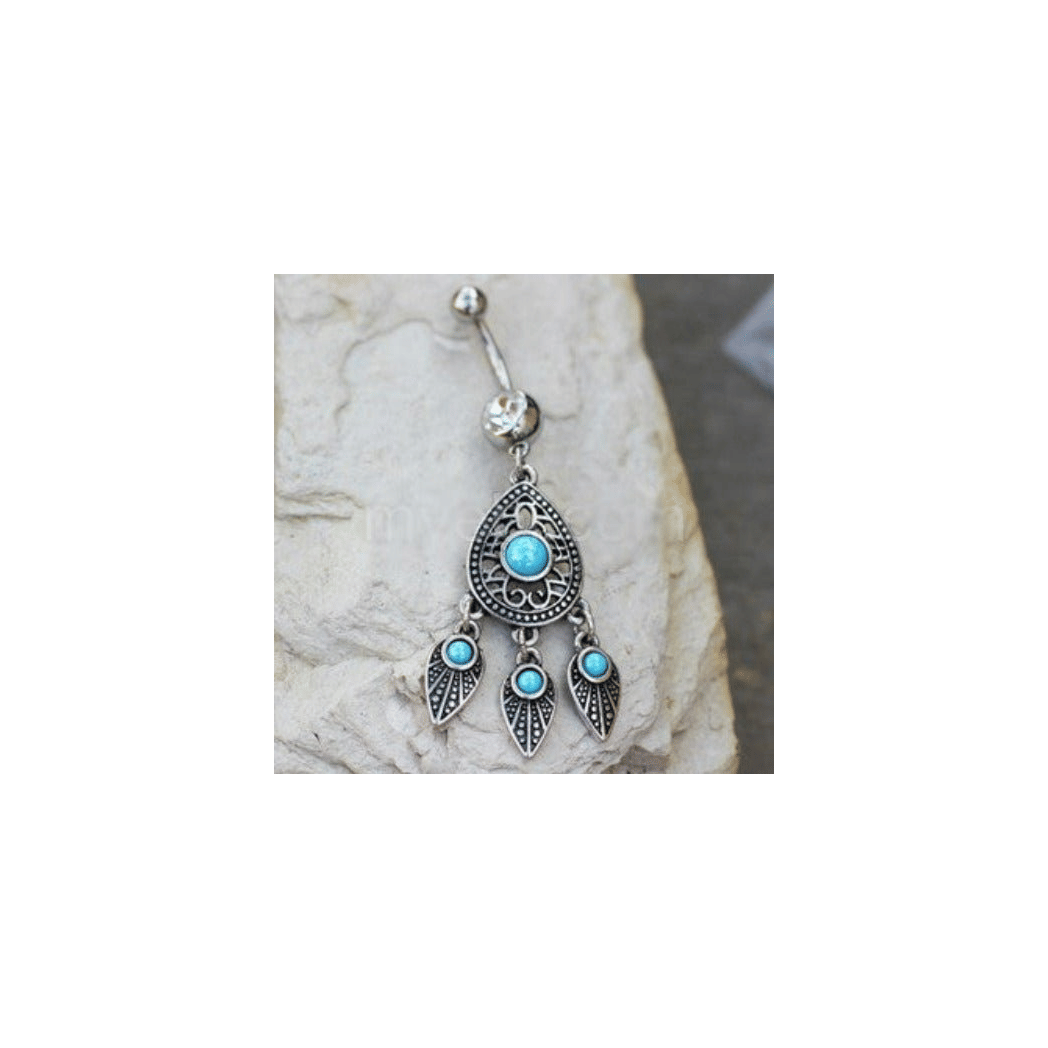 316L Stainless Steel Turquoise Teardrop and Feather Dangle Navel Ring