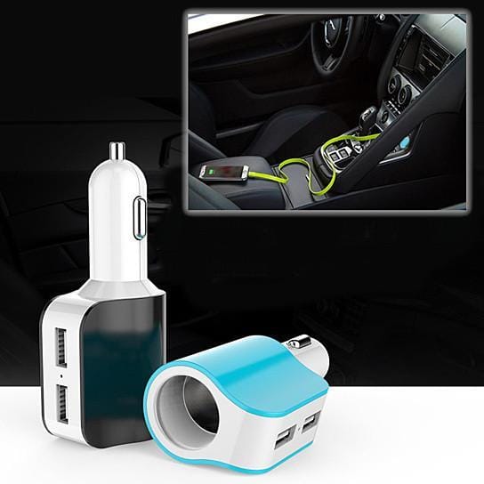 Color: Blue - Twin Ports 3 In 1 USB Car Charger Black and White