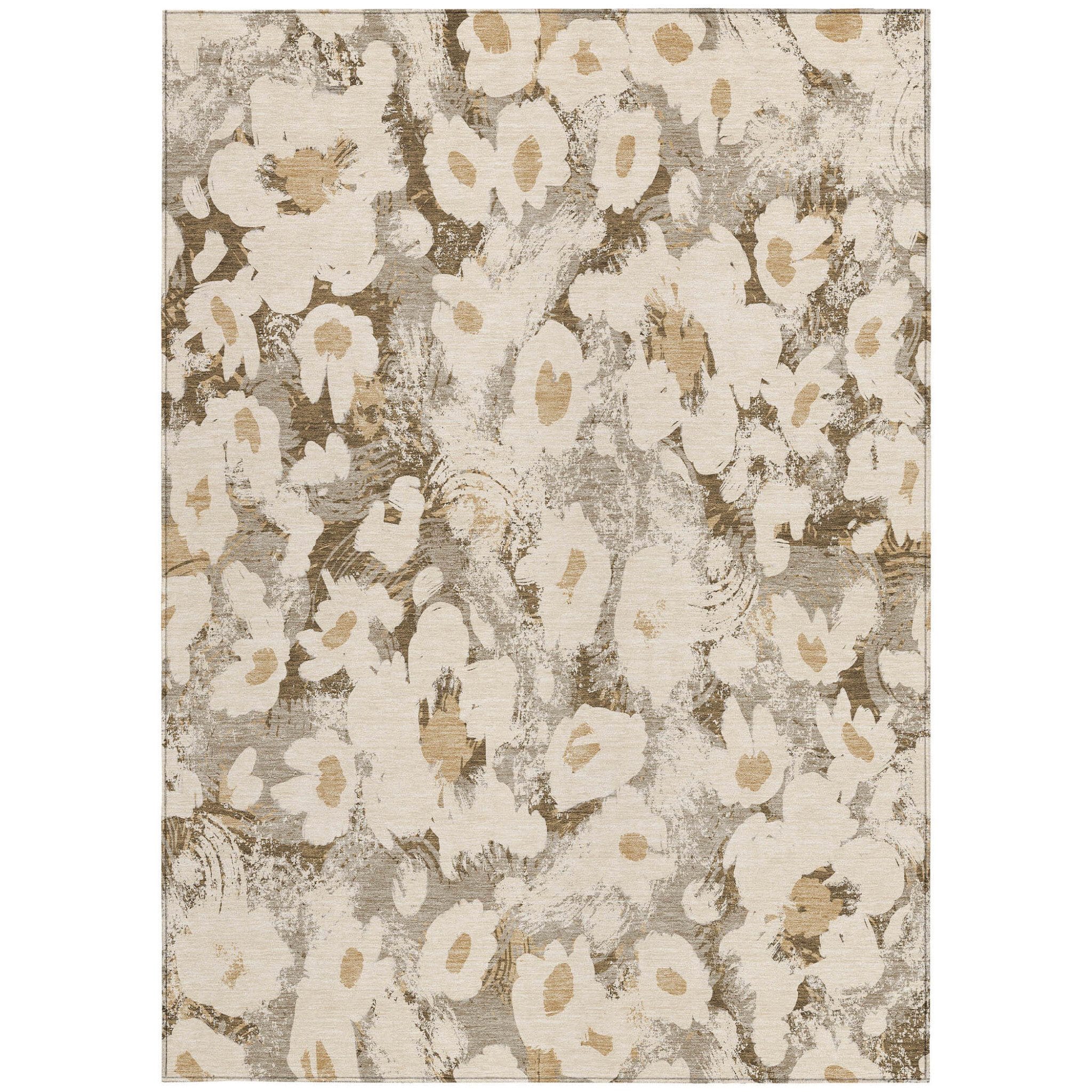 8' X 10' Khaki Floral Washable Non Skid Indoor Outdoor Area Rug