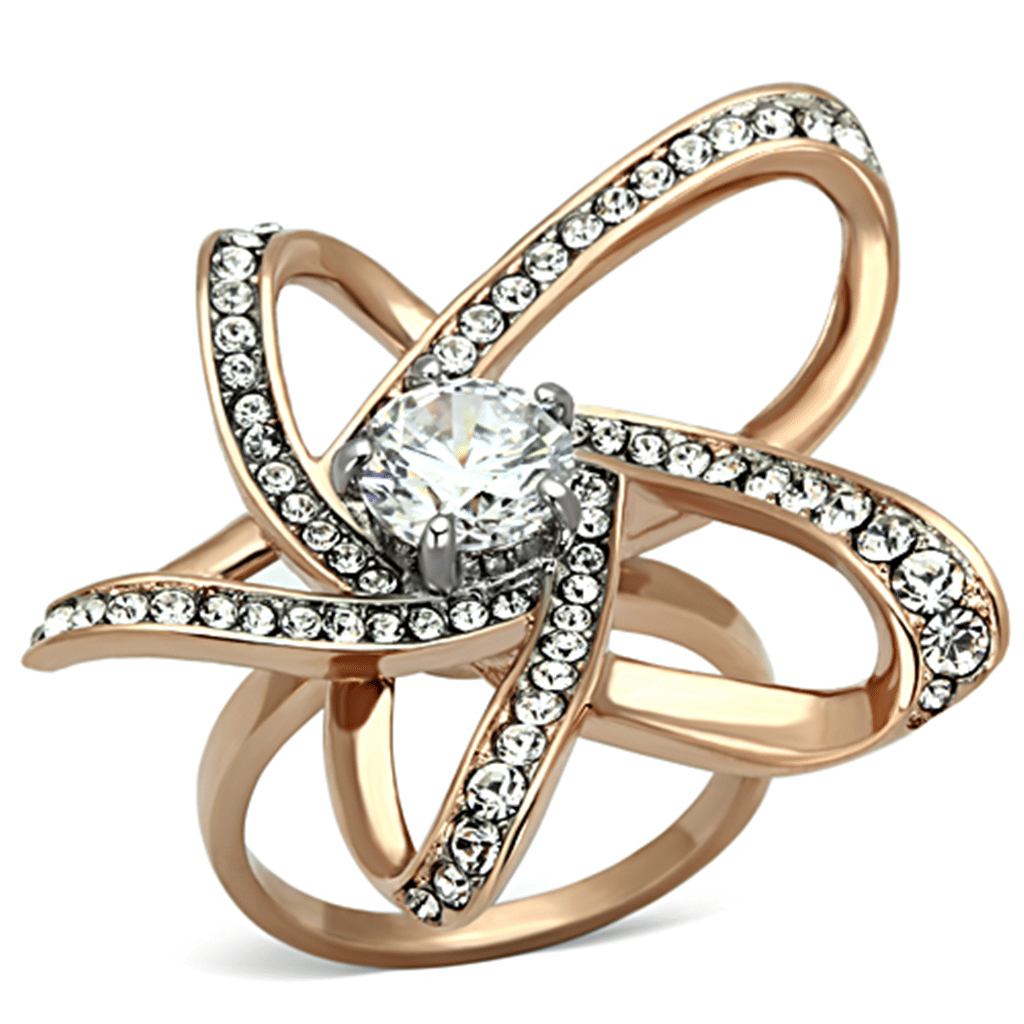 TK1170 - Two-Tone IP Rose Gold Stainless Steel Ring with AAA Grade CZ in Clear