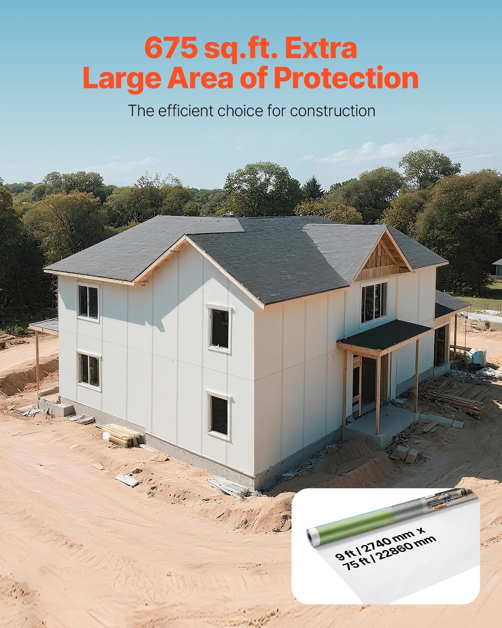 House Wrap, 9 x 75 ft, 0.13 mm Thick Vapor Barrier, Heavy Duty Plastic Sheeting for Tear-resistant, Drop Cloth Vapor Barrier Covering for Residential & Commercial Construction, White