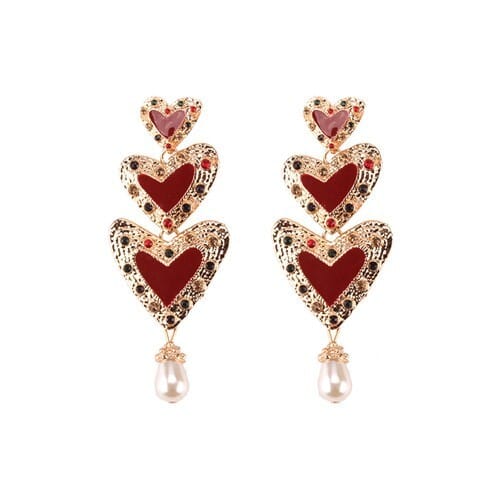 Gems Inlaid Triple Hearts with Dangling Pearl Design High Fashion Earrings - Red