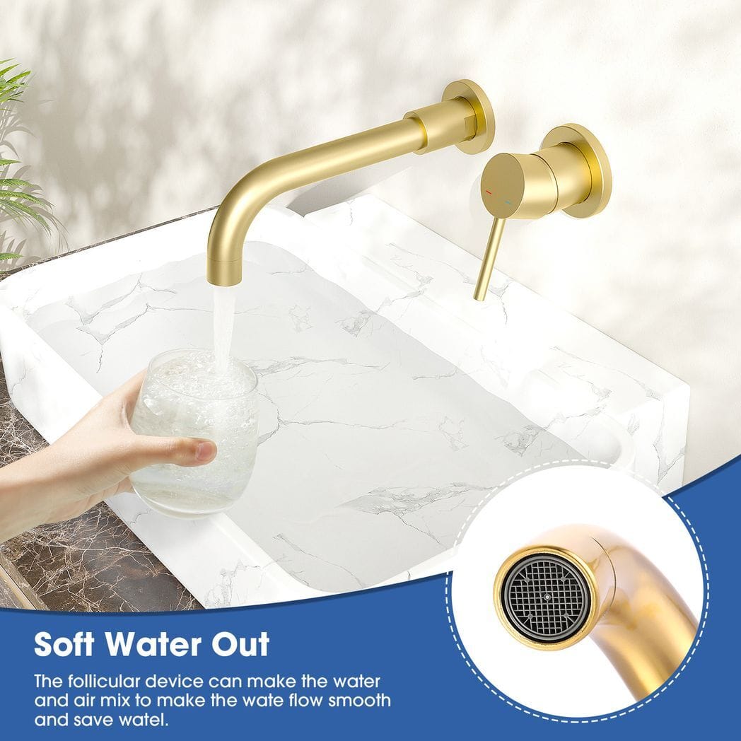 Wall Mount Faucet for Bathroom Sink or Bathtub, Single Handle 3 Holes Brass Rough-in Valve Included, Brushed Gold