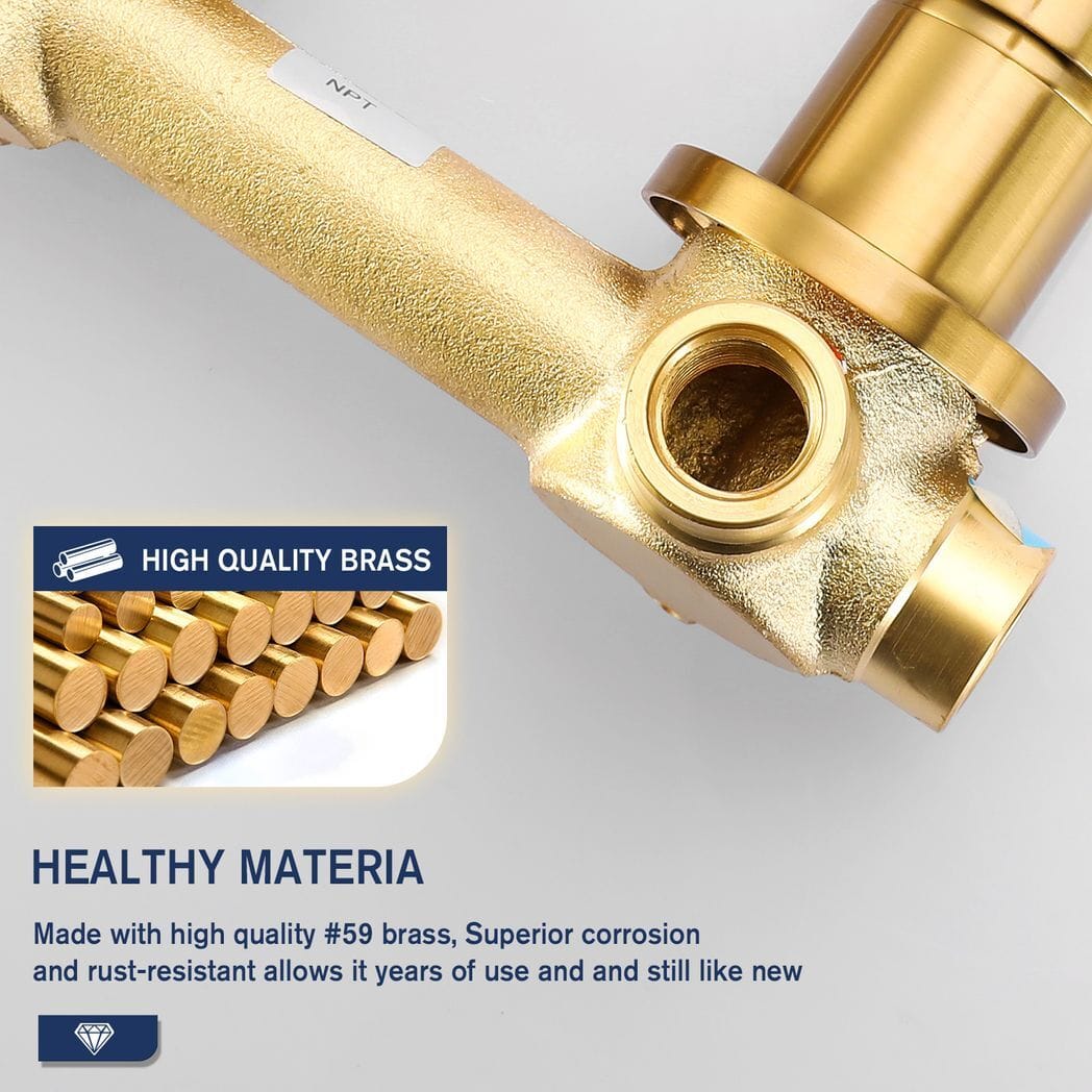 Wall Mount Faucet for Bathroom Sink or Bathtub, Single Handle 3 Holes Brass Rough-in Valve Included, Brushed Gold