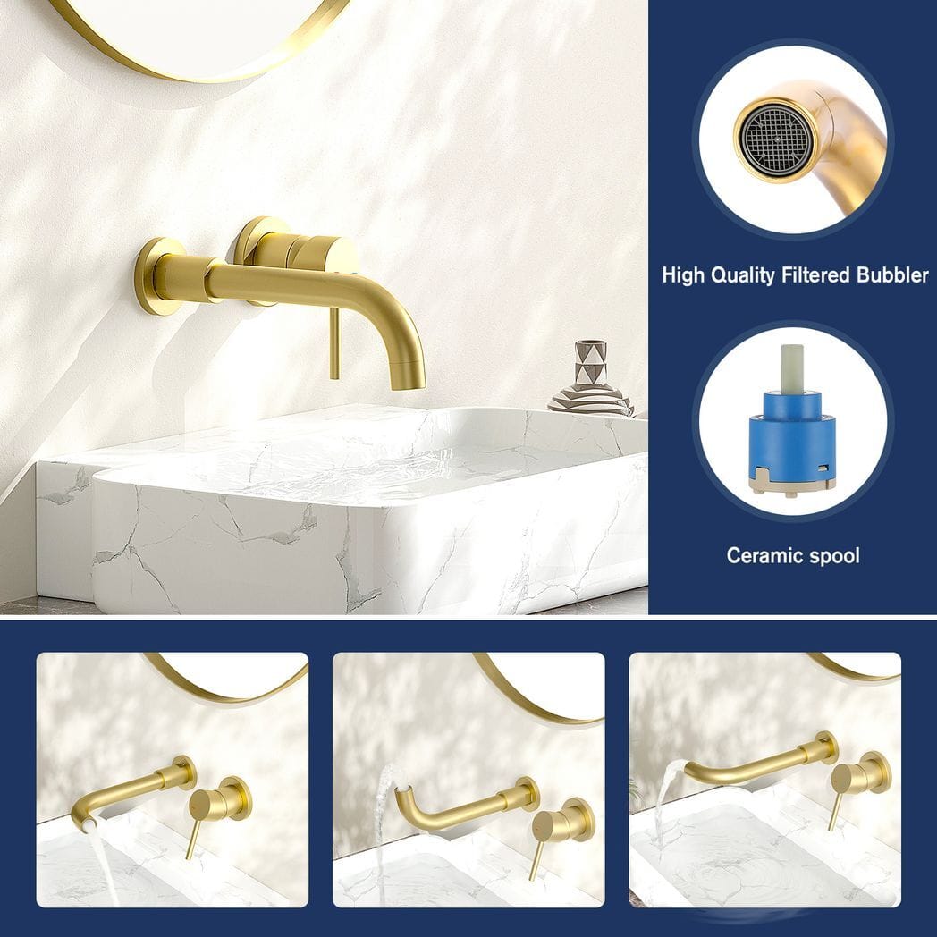 Wall Mount Faucet for Bathroom Sink or Bathtub, Single Handle 3 Holes Brass Rough-in Valve Included, Brushed Gold