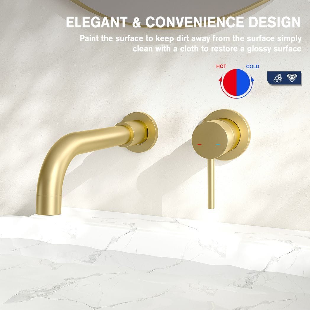 Wall Mount Faucet for Bathroom Sink or Bathtub, Single Handle 3 Holes Brass Rough-in Valve Included, Brushed Gold