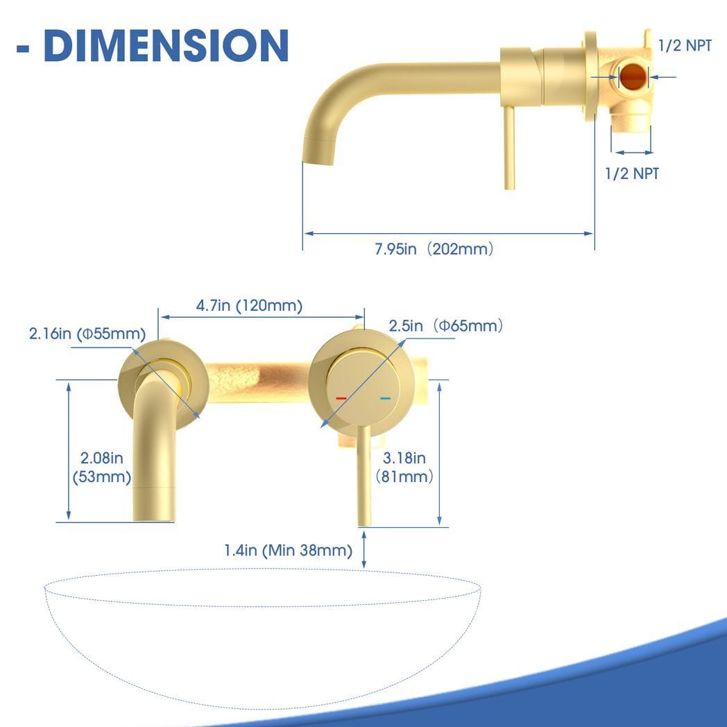 Wall Mount Faucet for Bathroom Sink or Bathtub, Single Handle 3 Holes Brass Rough-in Valve Included, Brushed Gold