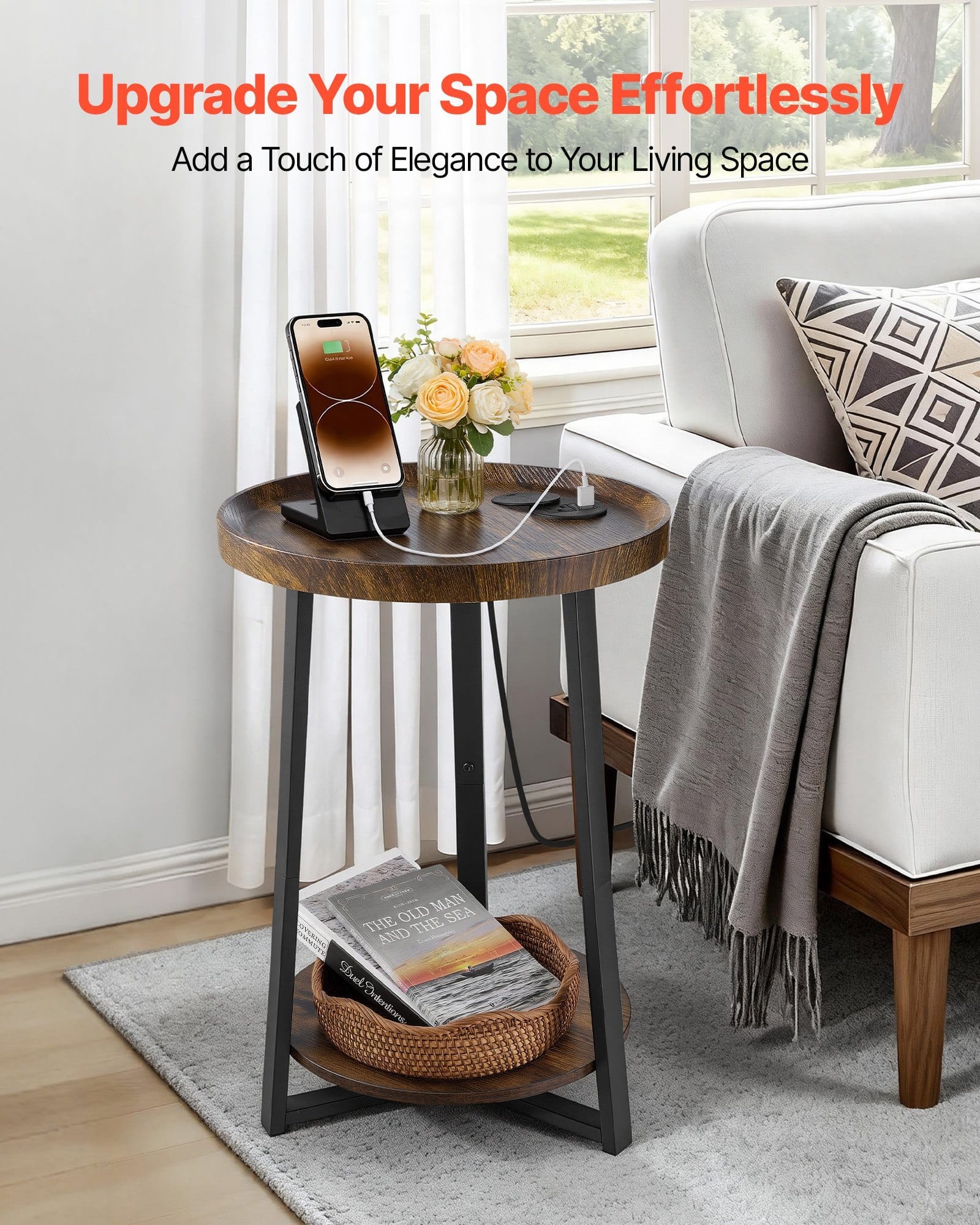 End Table, 2-Tier Round Side Table with Open Storage Shelves, Modern Nightstand Bedside Desk with USB & AC Charging Port, Wood Sofa Coffee Desk for Living Room, Bedroom, Office, Dorm, Brown