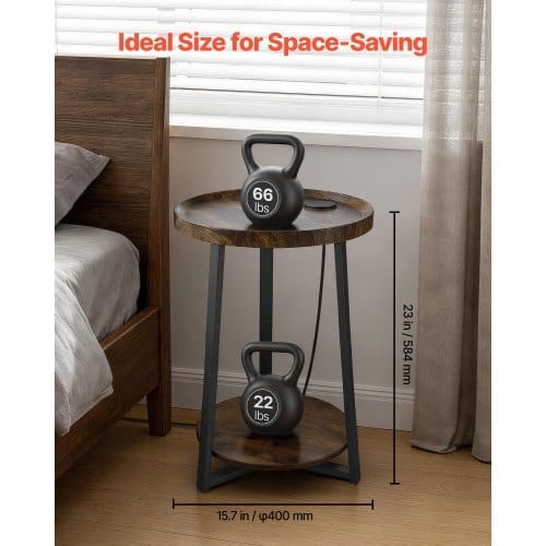 End Table, 2-Tier Round Side Table with Open Storage Shelves, Modern Nightstand Bedside Desk with USB & AC Charging Port, Wood Sofa Coffee Desk for Living Room, Bedroom, Office, Dorm, Brown