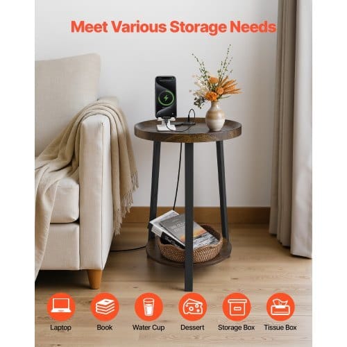 End Table, 2-Tier Round Side Table with Open Storage Shelves, Modern Nightstand Bedside Desk with USB & AC Charging Port, Wood Sofa Coffee Desk for Living Room, Bedroom, Office, Dorm, Brown