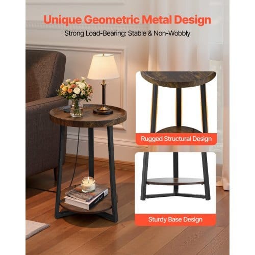 End Table, 2-Tier Round Side Table with Open Storage Shelves, Modern Nightstand Bedside Desk with USB & AC Charging Port, Wood Sofa Coffee Desk for Living Room, Bedroom, Office, Dorm, Brown