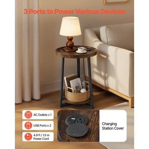 End Table, 2-Tier Round Side Table with Open Storage Shelves, Modern Nightstand Bedside Desk with USB & AC Charging Port, Wood Sofa Coffee Desk for Living Room, Bedroom, Office, Dorm, Brown