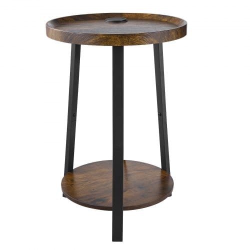 End Table, 2-Tier Round Side Table with Open Storage Shelves, Modern Nightstand Bedside Desk with USB & AC Charging Port, Wood Sofa Coffee Desk for Living Room, Bedroom, Office, Dorm, Brown