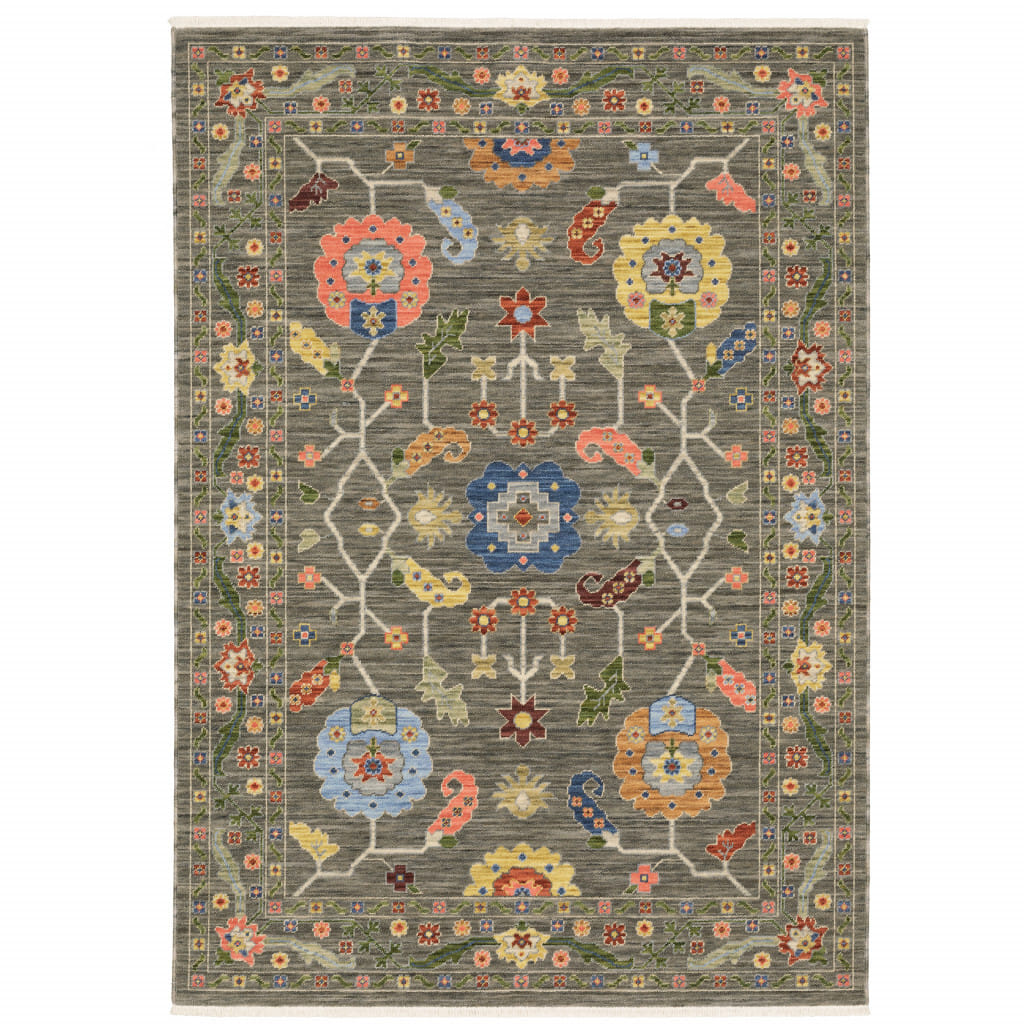 5' X 8' Blue and Gray Oriental Power Loom Area Rug With Fringe