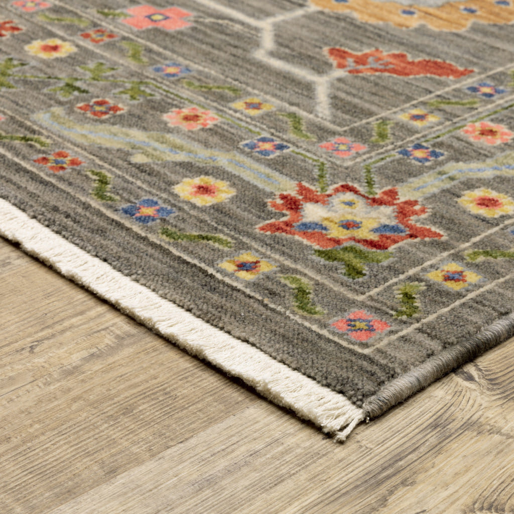 5' X 8' Blue and Gray Oriental Power Loom Area Rug With Fringe