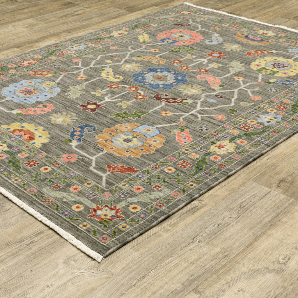 5' X 8' Blue and Gray Oriental Power Loom Area Rug With Fringe