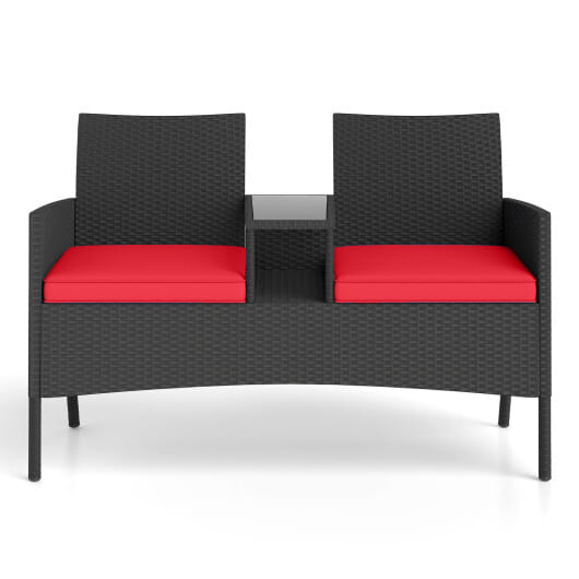 Patio Loveseat with Built-in Table for Backyard Porch-Red - Color: Red