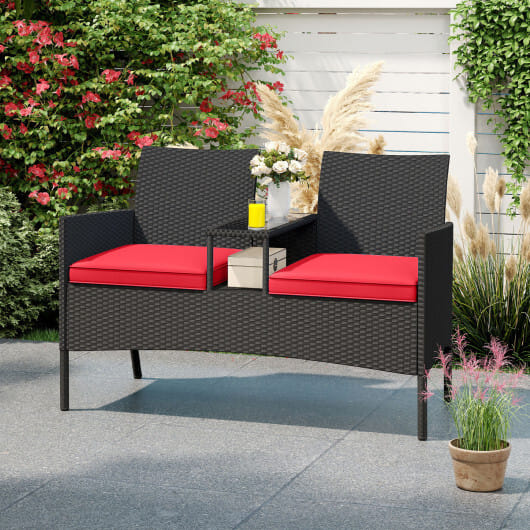 Patio Loveseat with Built-in Table for Backyard Porch-Red - Color: Red