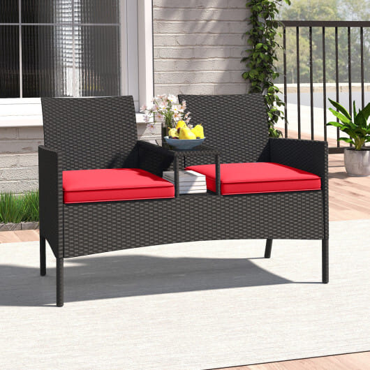 Patio Loveseat with Built-in Table for Backyard Porch-Red - Color: Red