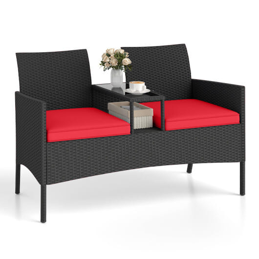 Patio Loveseat with Built-in Table for Backyard Porch-Red - Color: Red