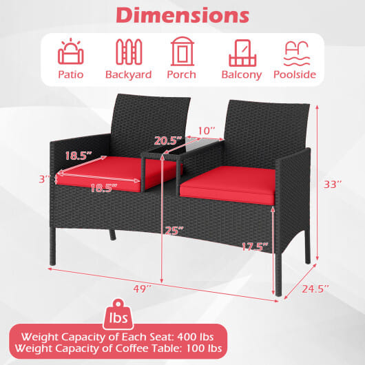 Patio Loveseat with Built-in Table for Backyard Porch-Red - Color: Red