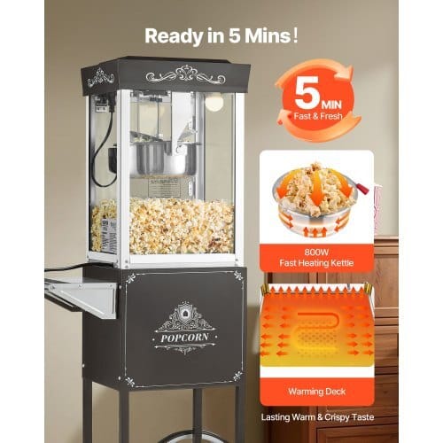 Popcorn Machine with Cart, 8oz Stainless Steel Kettle, 800W Commercial Popcorn Maker, 48 Cups per Batch Theater Style Popper, with 2-Button Control Glass Wall PC Door 1 Scoop 3 Spoons, Black