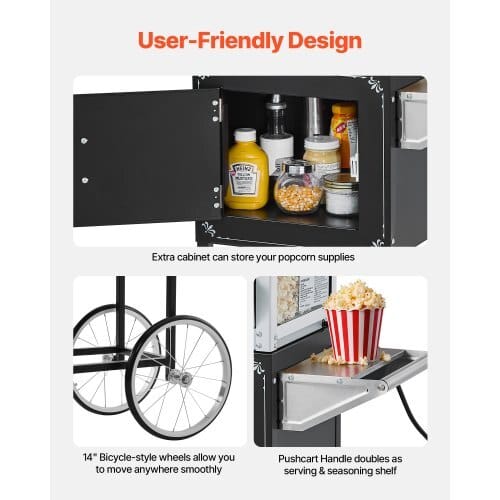 Popcorn Machine with Cart, 8oz Stainless Steel Kettle, 800W Commercial Popcorn Maker, 48 Cups per Batch Theater Style Popper, with 2-Button Control Glass Wall PC Door 1 Scoop 3 Spoons, Black
